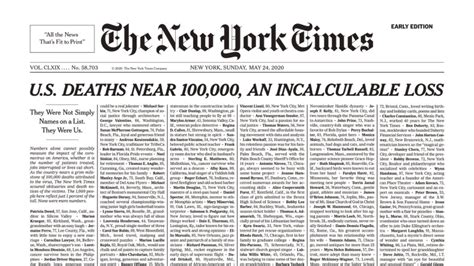 New York Times front page honors 1,000 Covid-19 victims