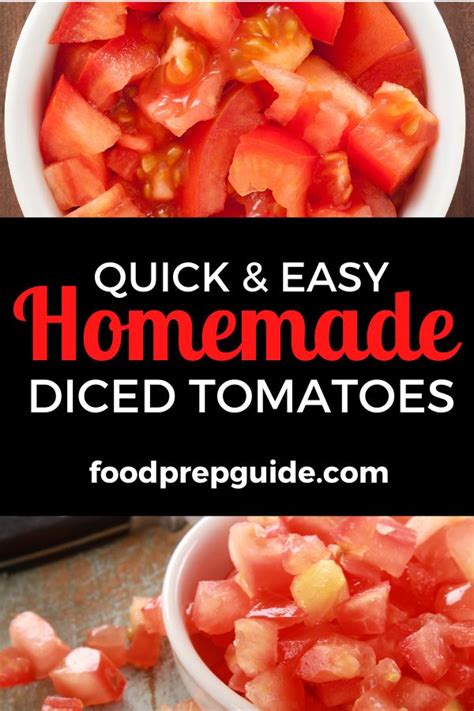 quick and easy homemade diced tomatoes in a white bowl with text ...