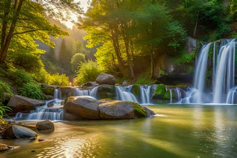 Waterfall nature background with soft sunshine and green forest created ...