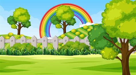 Free Vector | Nature park scene background with rainbow in the sky