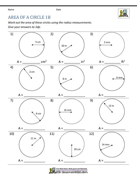 Area Of A Circle Free Worksheets