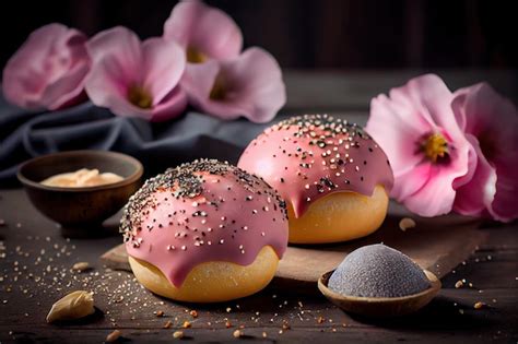 Premium AI Image | Beautiful pink poppy seed buns with egg and sugar glaze