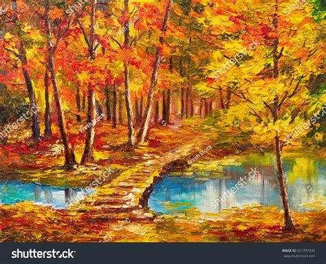 Oil Painting Landscape Autumn Forest Near Stock Illustration 621707939