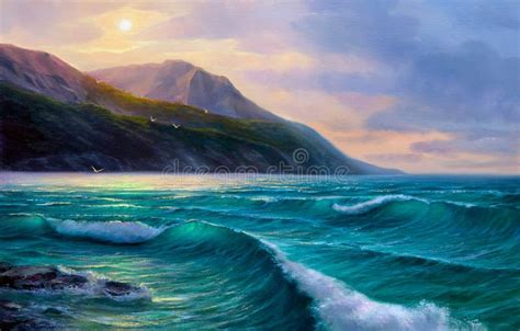 Sunrise Over Sea. Painting Seascape. Stock Image - Image of sunrise ...