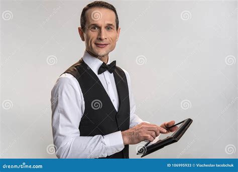 Positive Jolly Man Using Tablet Stock Image - Image of dress, posture ...