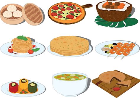 Tasty and beautiful dishes of different countries cuisine vector ...