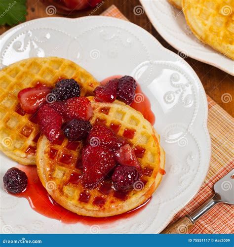 Waffles with Strawberry Syrup Stock Image - Image of homemade ...