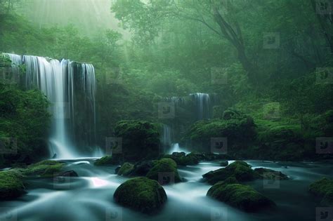 Landscape of beautiful scenery of waterfall in deep forest backg stock ...