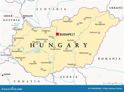 Hungary - Political Map, Red Country Shape, Borders Stock Illustration ...