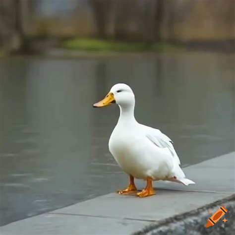 Realistic video of a white duck on a concrete sidewalk near a small ...