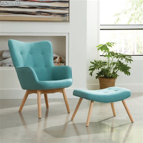 OFM Mid Century Modern Tufted Fabric Lounge Chair with Ottoman, Wood ...