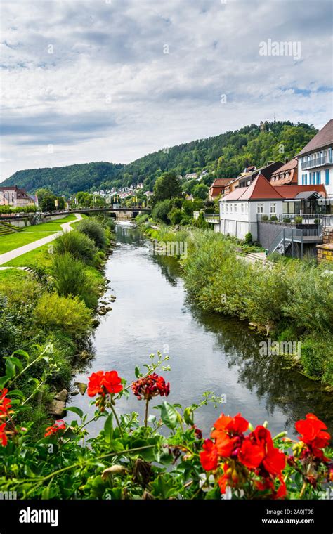 Germany, Neckar river flowing through city horb am neckar in northern ...