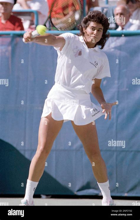 Argentina's Gabriela Sabatini hits a backhand in her U.S. Open finals ...