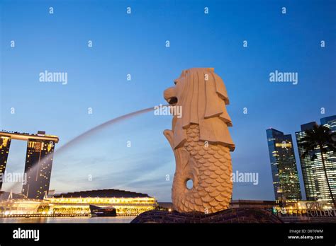 Asia, Singapore, Merlion Statue, Merlion, Night View, Night Lights ...