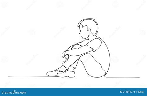 Sad Young Boy Teenager Sitting Alone. One Line Drawing. Stock ...