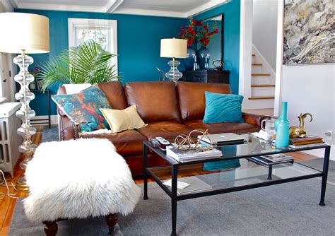 Teal Gray Living Room With Brown Leather Couch | Bryont Blog