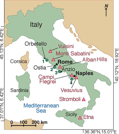 Ancient Roman concrete harbors and ROMACONS project drill sites, green ...