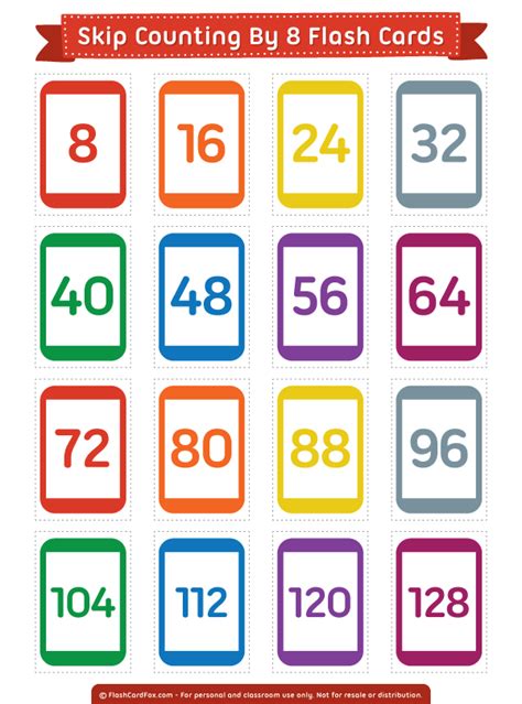 Printable Skip Counting by 8 Flash Cards