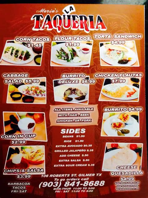 Menu at La Taqueria restaurant, Gilmer