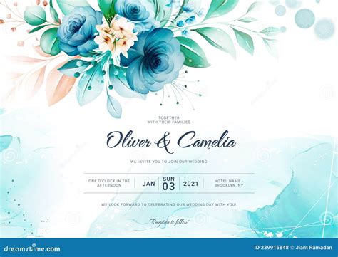 Blue Wedding Invitation Card with Watercolor Floral Decoration and ...