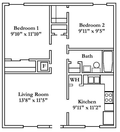 2 Bedroom Apartment Floor Plan with Kitchen and Living Room