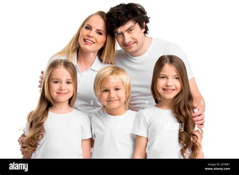 Family portrait of five people with children isolated on white ...