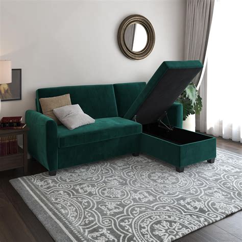 DHP Noah Sectional Sofa Bed with Storage, Twin Bed Frame, Green Velvet ...