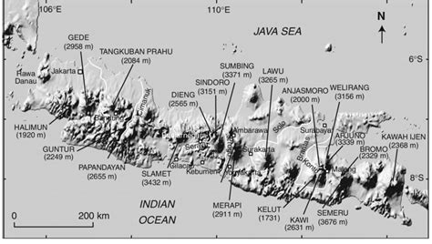 Location of the main volcanoes and rivers (white lines) of Java, and ...