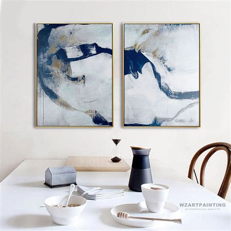 Framed Wall art Set of 2 Prints Abstract Navy Blue White Print Painting ...