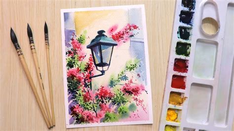 Watercolor painting for beginners beautiful flower and Lamp - YouTube