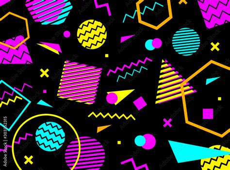 Geometric pattern in memphis 80-90s style on black background with ...