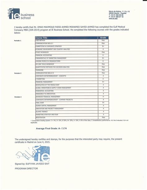 MBA Grades Certificate