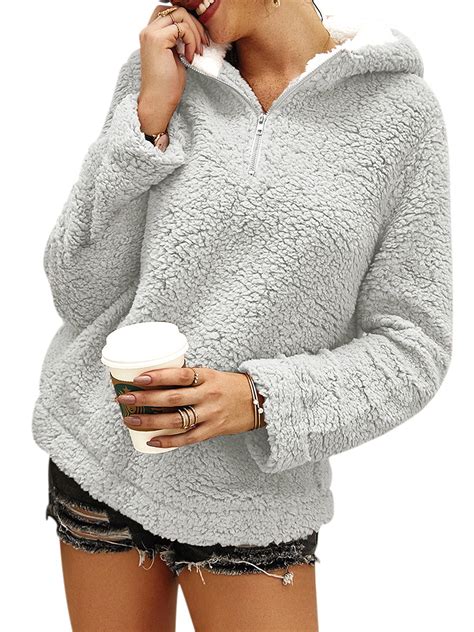 UKAP - Womens Warm Fuzzy Hoodies Cozy Loose Zipper Pullover Hooded ...