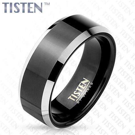 8mm Brushed Center Black IP Beveled Edge Tisten (Tungsten+Titanium ...