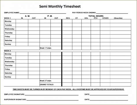 √ Free Printable Semi Monthly Timesheet Template