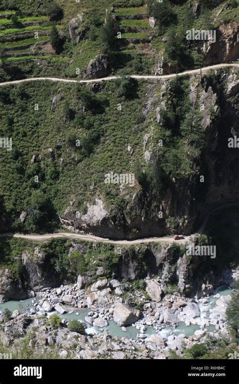 Treacherous mountain roads in Kinnaur, Himachal Pradesh, India Stock ...