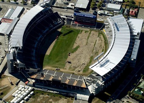 Lancaster Park, a year after being damaged by the earthquake in ...