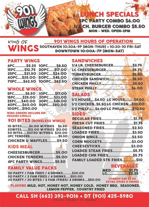 Updated menu prices! - 901 Wings 'The King of Wings'