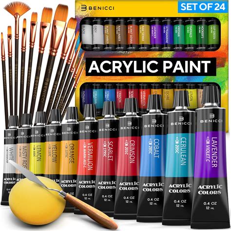 Amazon.com: Complete Acrylic Paint Set – 24х Rich Pigment Colors – 12x ...