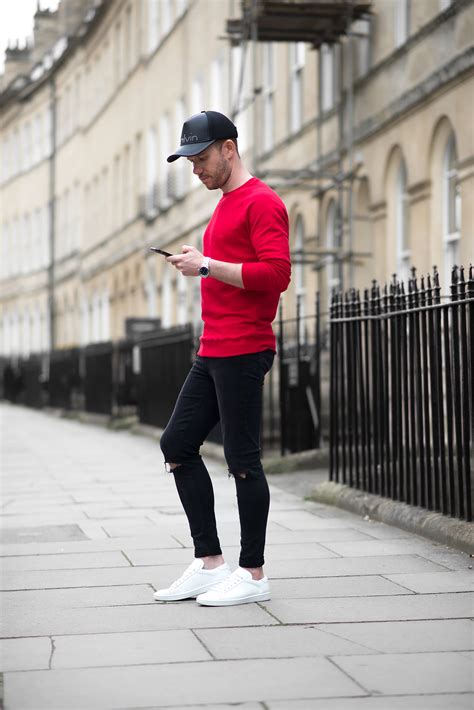 Tom Cridland Red Sweatshirt And Black Skinny Jeans Outfit - Your ...