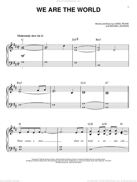 We Are The World sheet music for piano solo (PDF-interactive)