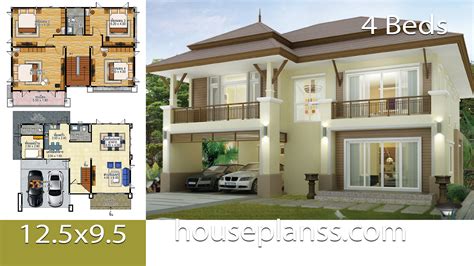 House design idea 12.5x9.5 with 4 bedrooms - House Plans 3D