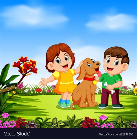 Children are playing with their dog Royalty Free Vector