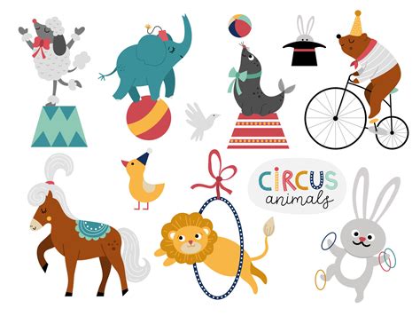 Vector set with circus animals. Amusement holiday icons pack. Cute ...