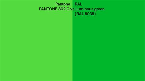 Pantone 802 C vs RAL Luminous green (RAL 6038) side by side comparison