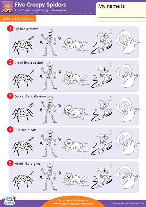 Five Creepy Spiders Worksheet - Listen, Do, & Color - Super Simple