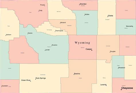 Multi Color Wyoming Map with Counties, Capitals, and Major Cities