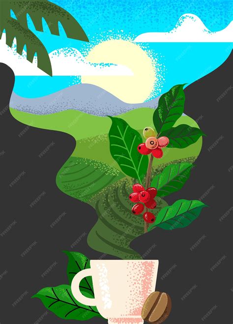 Premium Vector | Coffee plantation landscape and cup