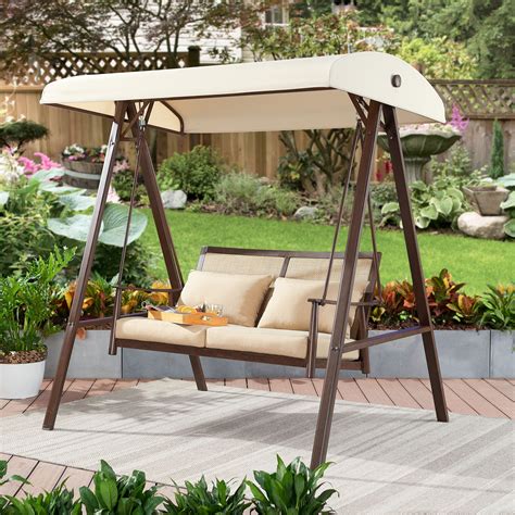 Better Homes & Gardens Vaughn Canopy Patio Swing with Beige Cushions ...