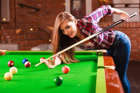 Young Woman Playing Billiard. Stock Image - Image of woman, stick ...